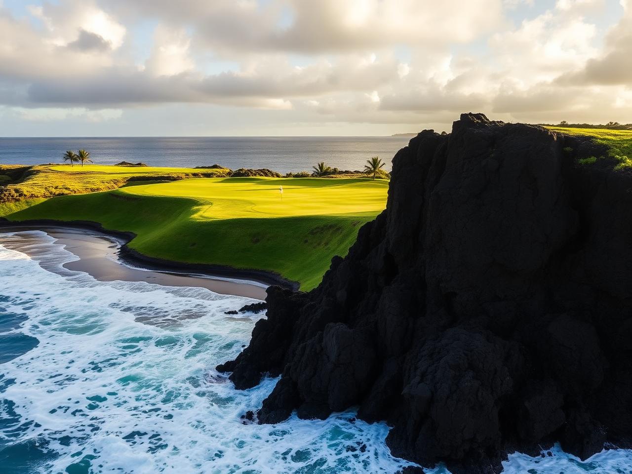 A golf green above volcanic rock and breaking surf in Mauritius