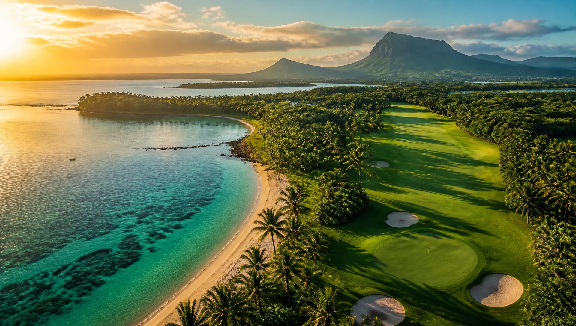 Aerial view of a championship golf course meeting the lagoon in Mauritius