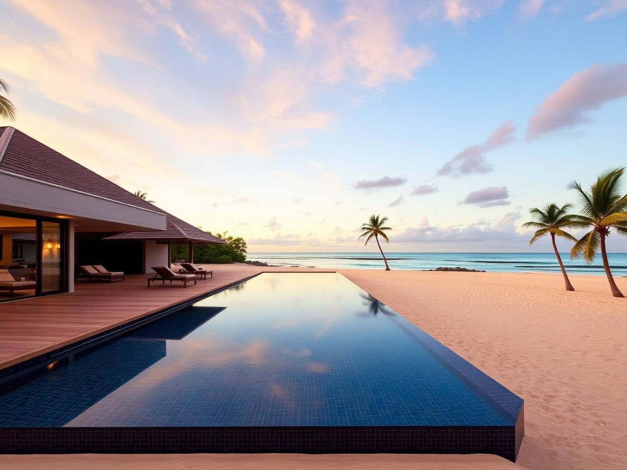 Beachfront luxury resort villa with infinity pool in Mauritius at dusk